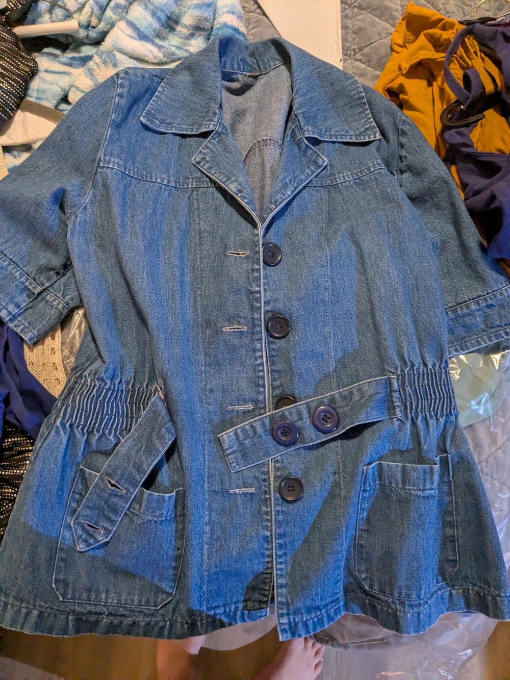Vintage Blue Denim Button-Up Jean Jacket with Waist Belt